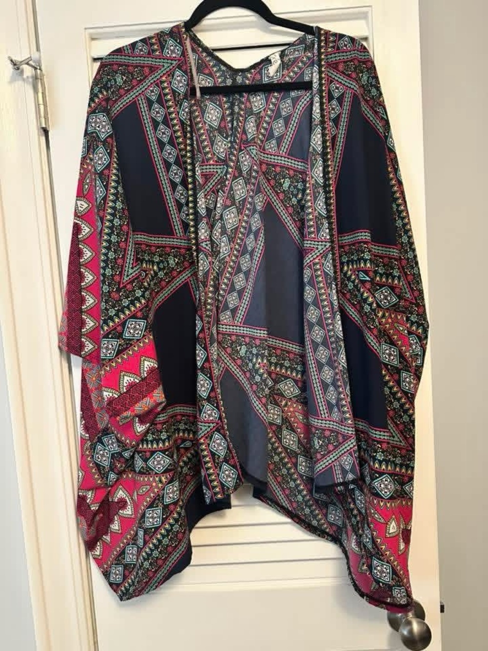 Boho Open-Front Kimono Jacket - Navy & Pink